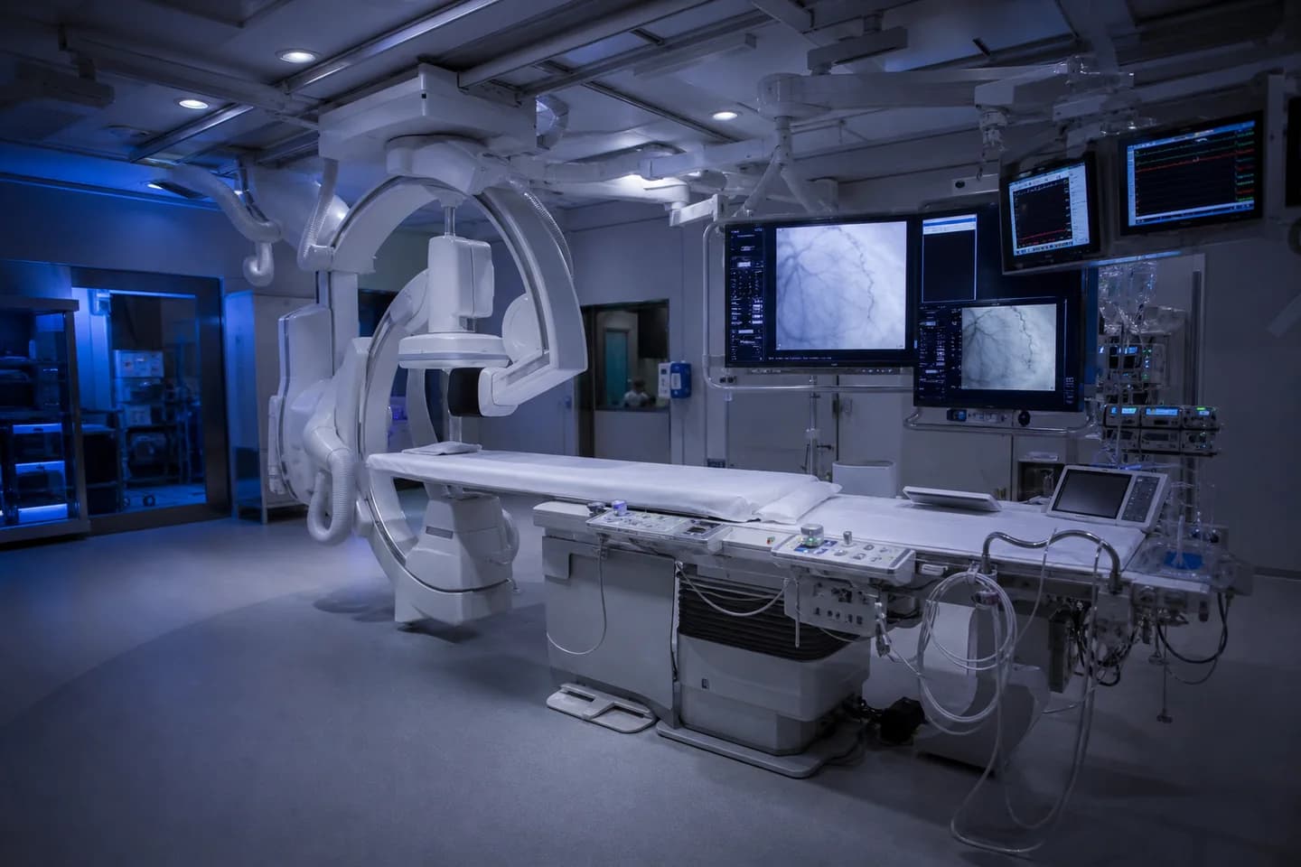 Cardiac catheterization laboratory with angiography equipment and imaging monitors