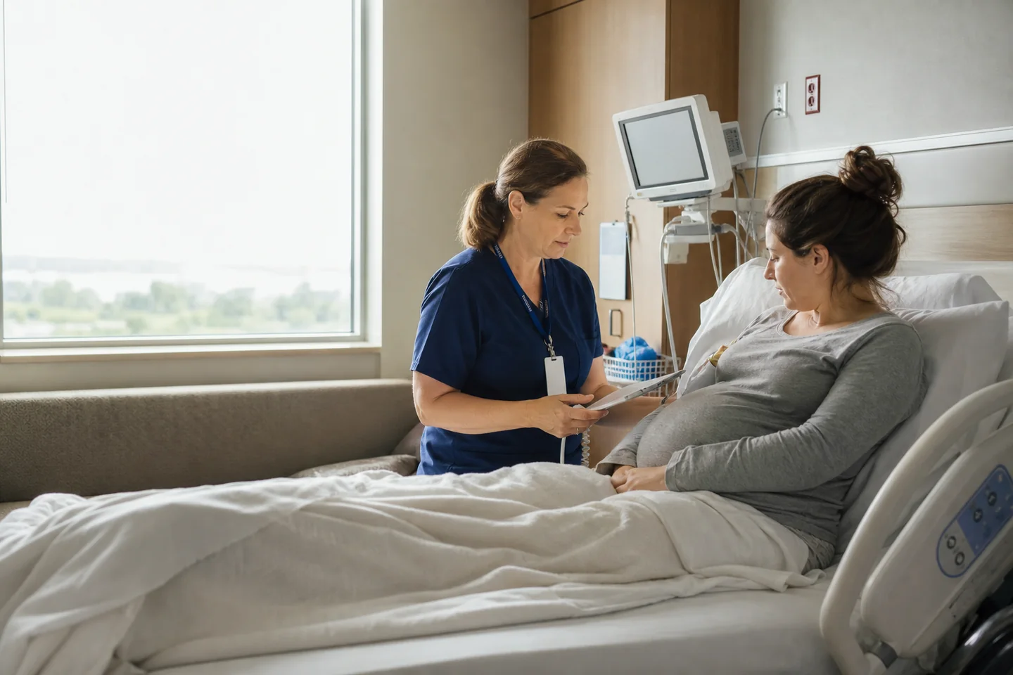 Nurse supporting a patient in a maternity care room