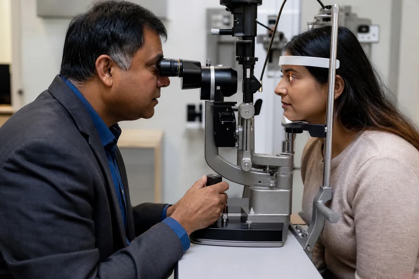 Ophthalmologist examining a patient with a slit lamp