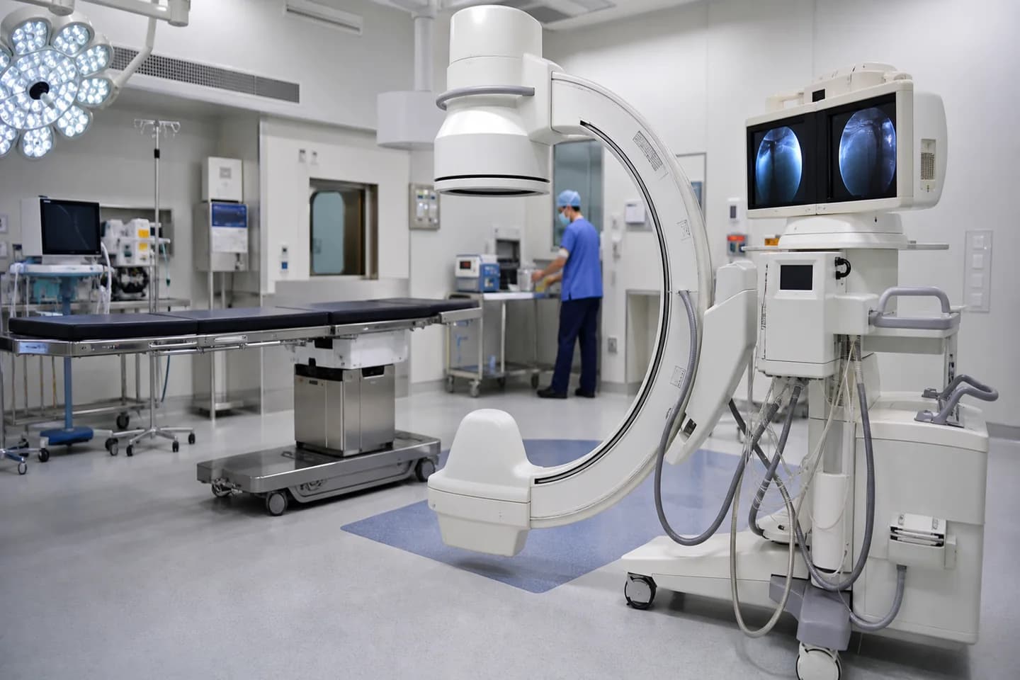 Orthopedic operating room with C-arm imaging system and equipment
