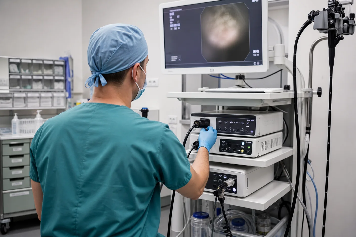 Clinician preparing an endoscopy tower in a urology procedure room
