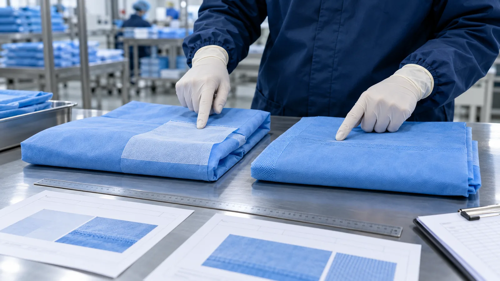 Gloved reviewer comparing two blue surgical pack components and their specification sheets