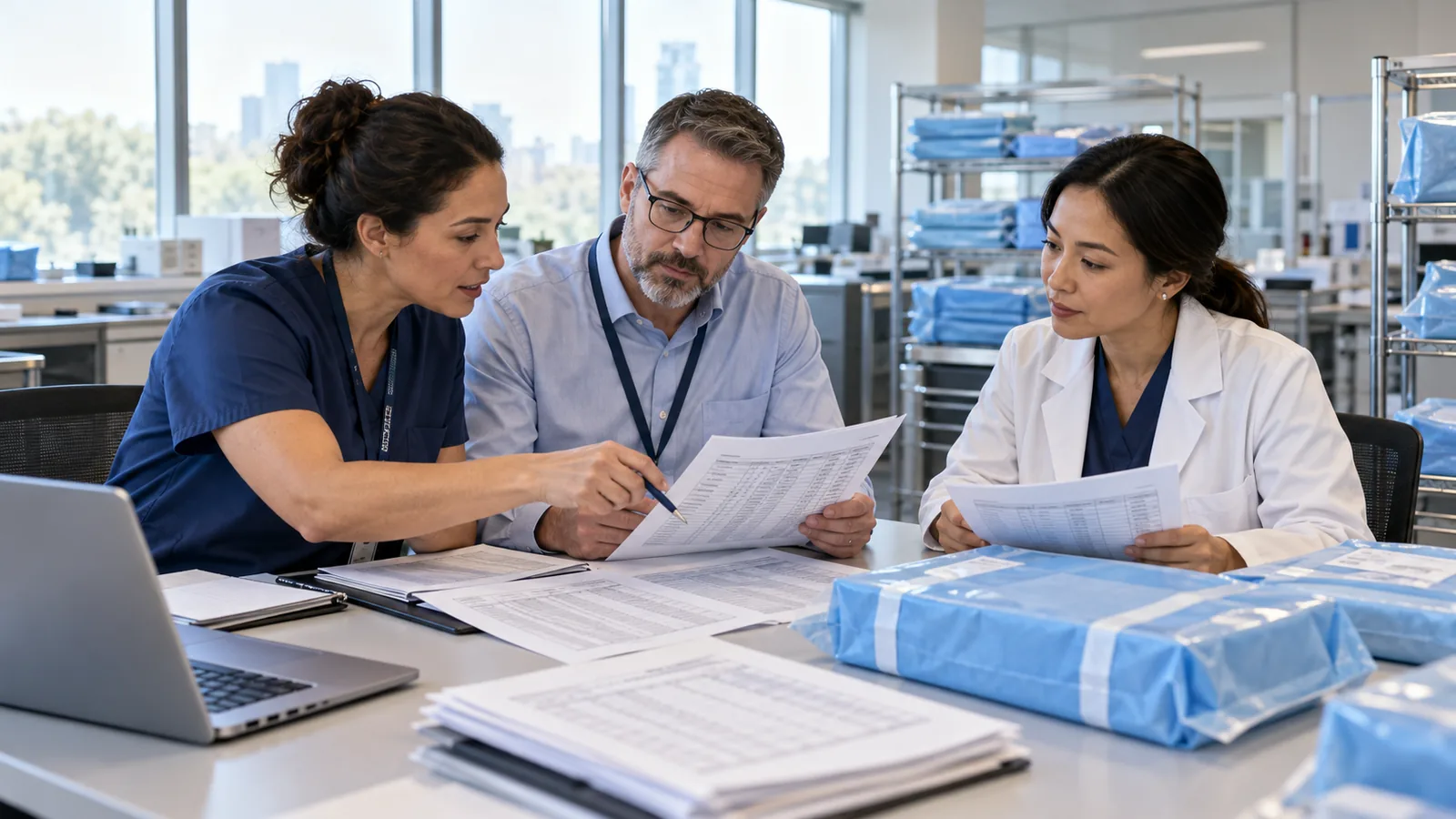 Procurement and clinical staff reviewing surgical pack specification sheets beside packaged samples