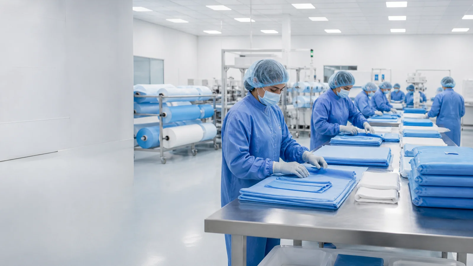 Medical disposable production workshop with staff and equipment