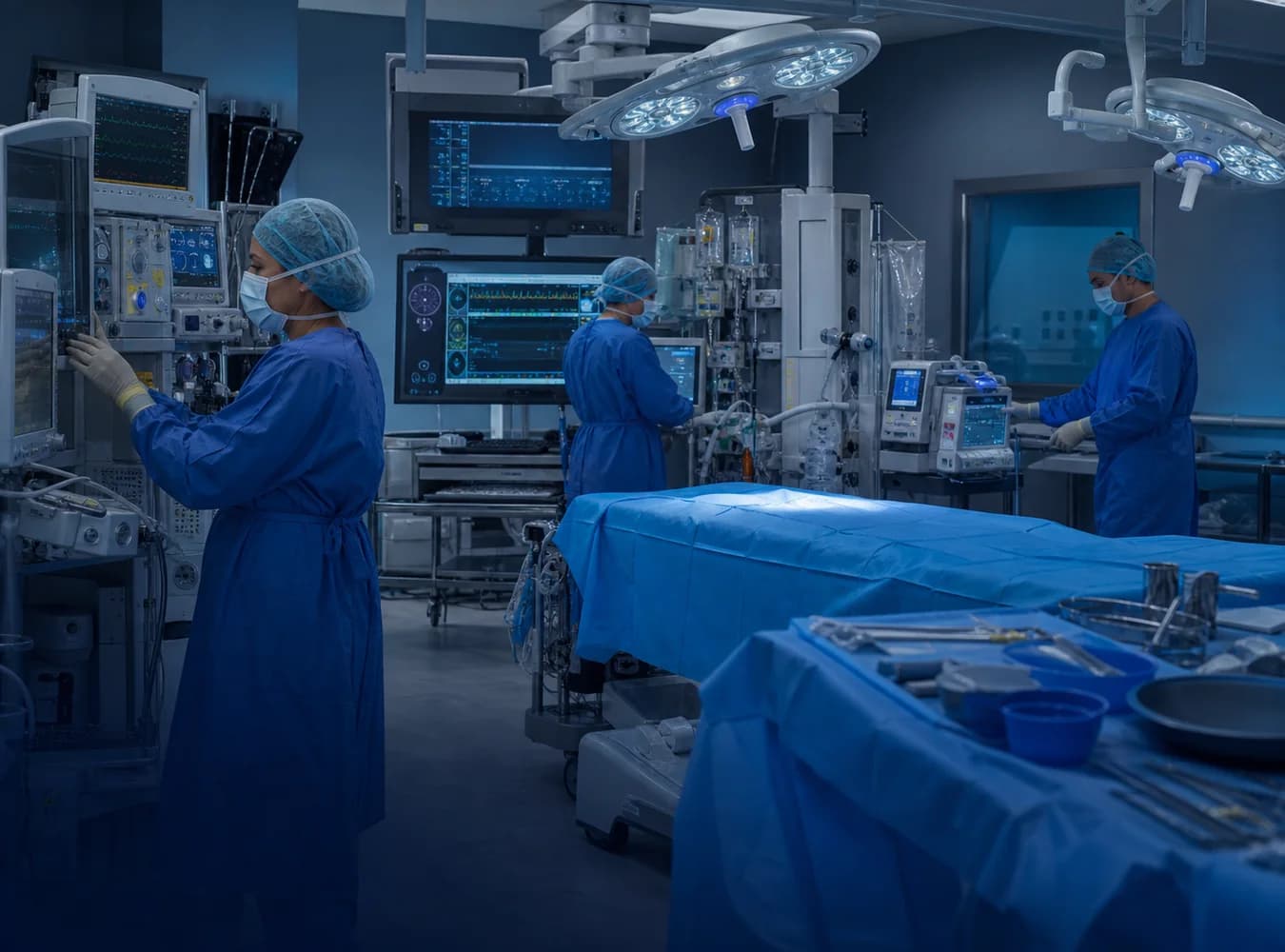 Cardiovascular operating room with medical team and multiple monitoring systems