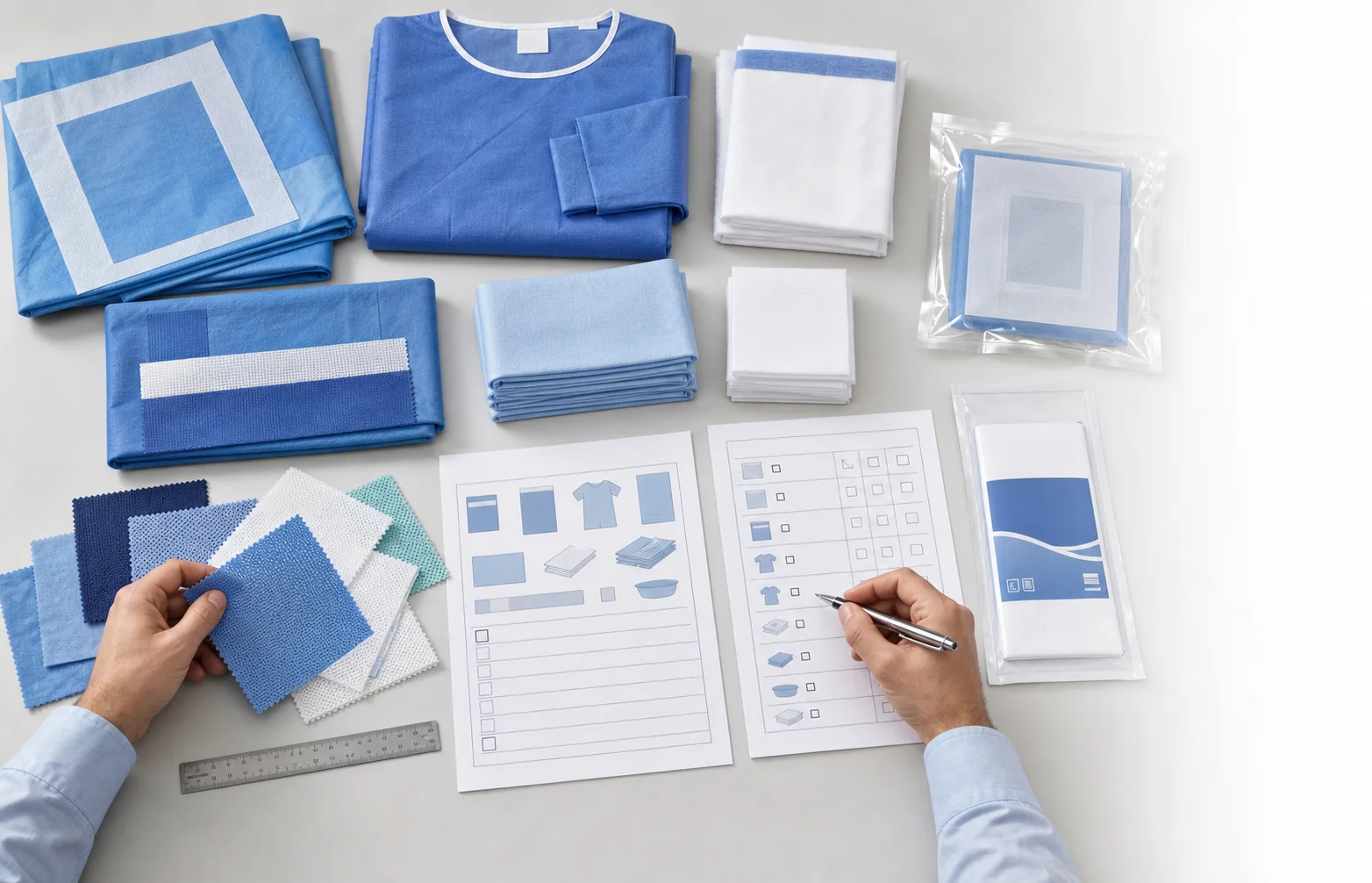 Custom surgical pack development table with medical non-woven materials, components, packaging samples and configuration sheets
