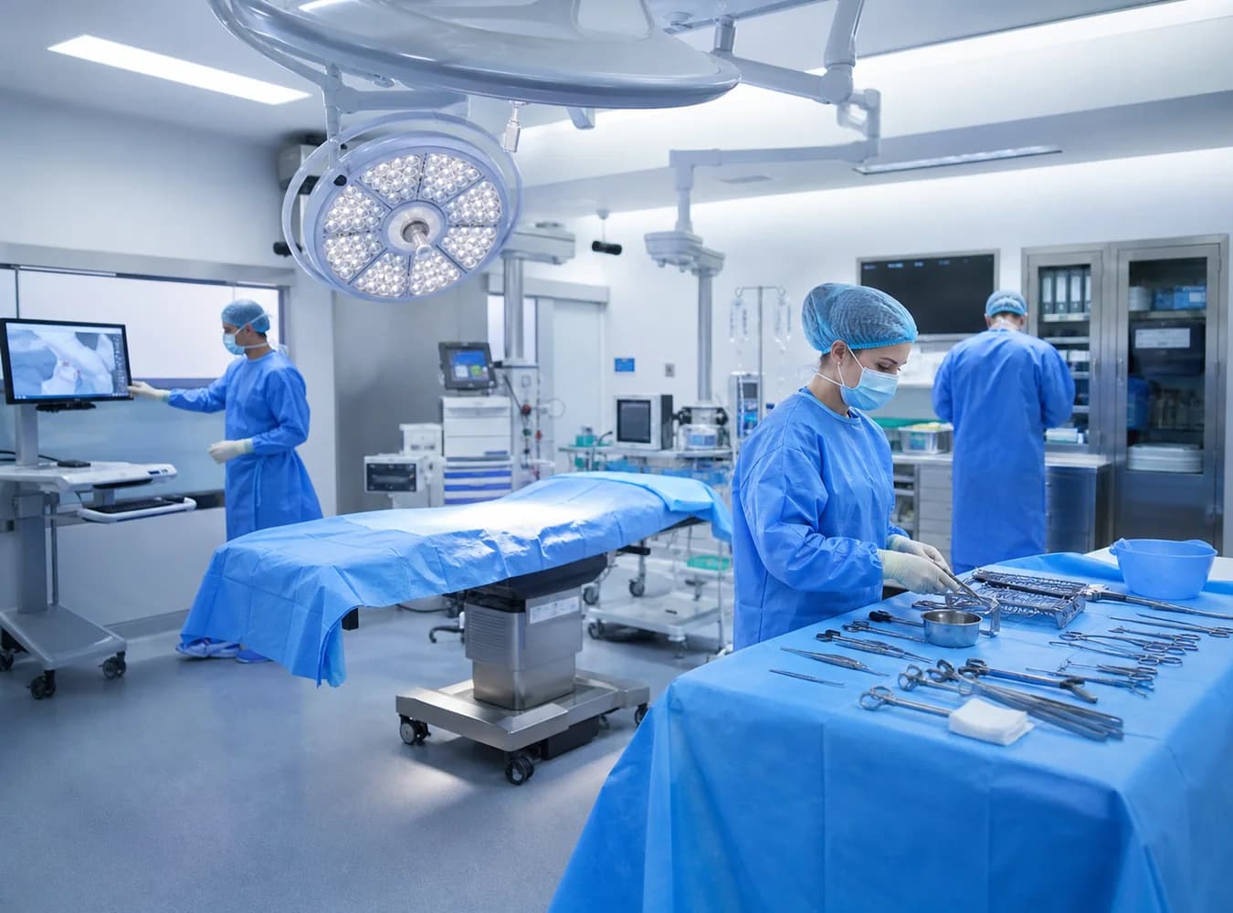 General surgery operating room with medical team preparing the surgical environment