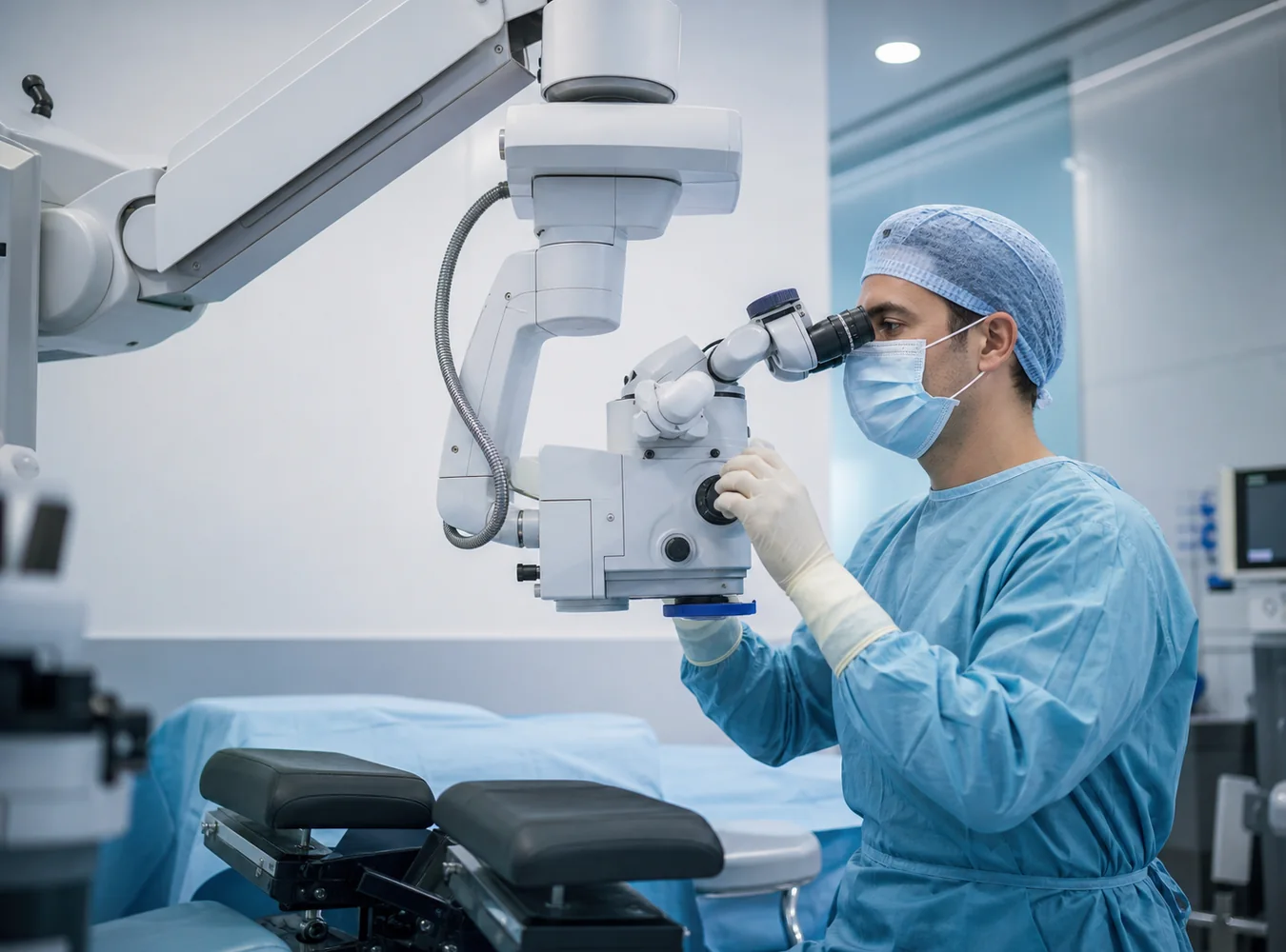 Ophthalmic surgeon preparing a surgical microscope in a clinical environment