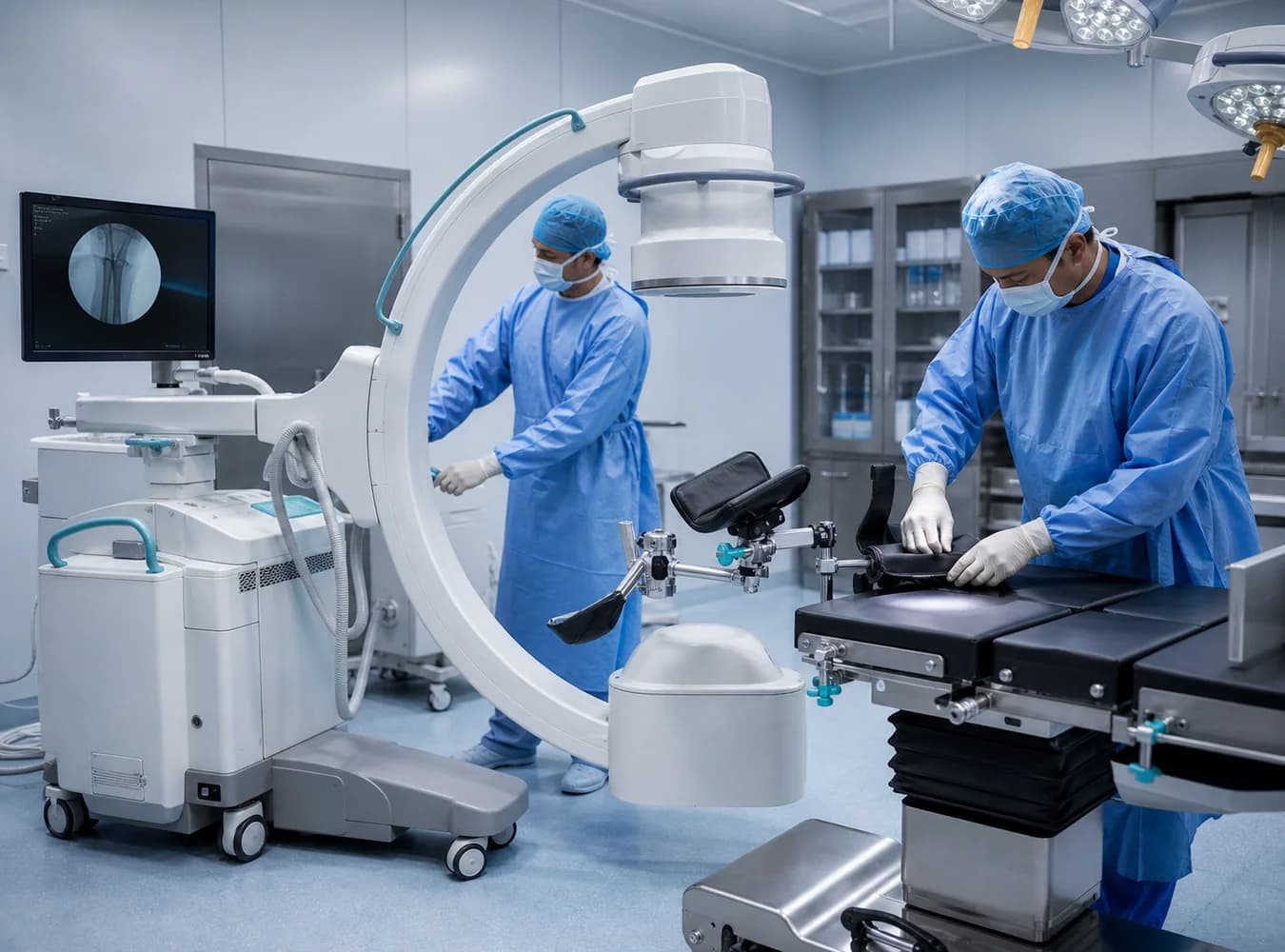 Orthopedic operating room with medical team and C-arm imaging equipment