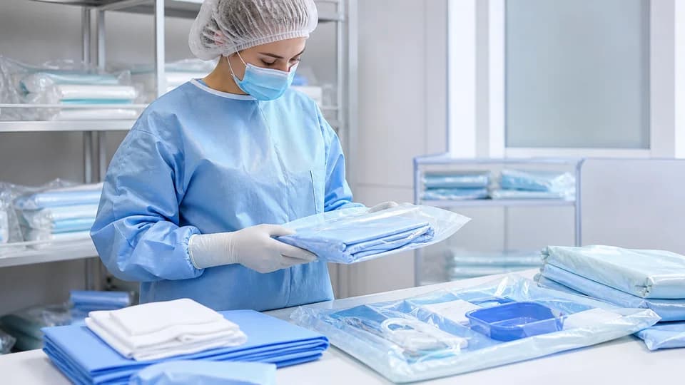 Medical worker inspecting packaged surgical gowns and disposable components