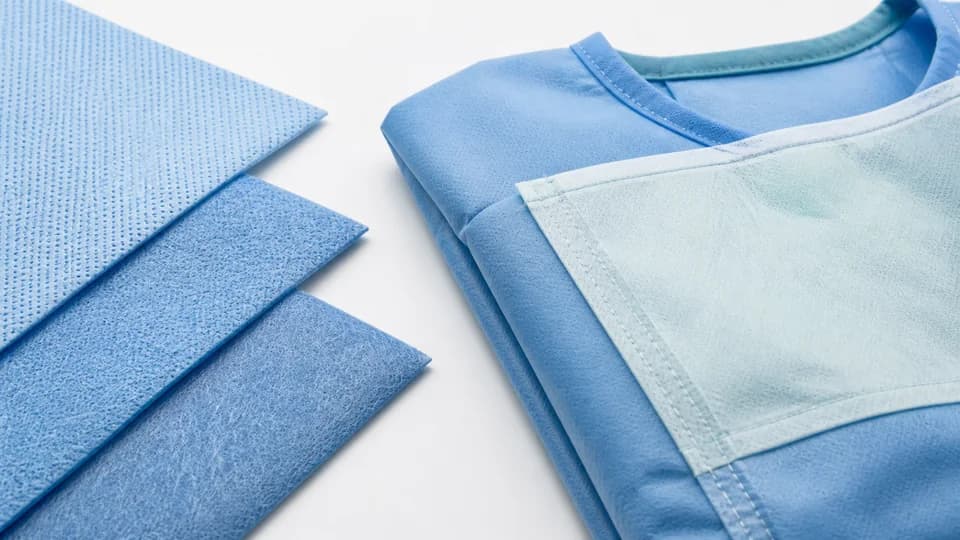 Blue surgical gown with non-woven material layers and reinforced panel