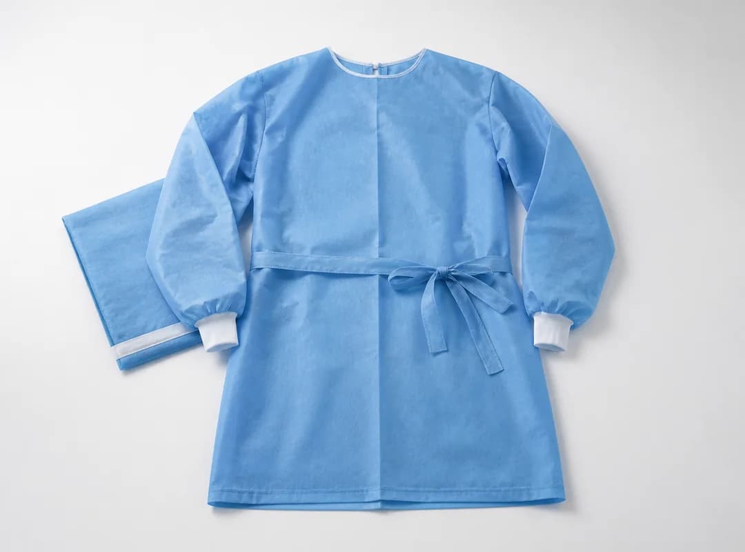 Blue disposable surgical gown displayed for product specification review