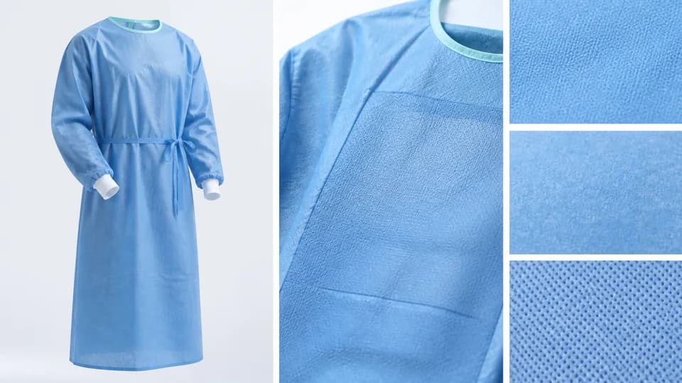 Surgical gown with close-up views of protective material textures