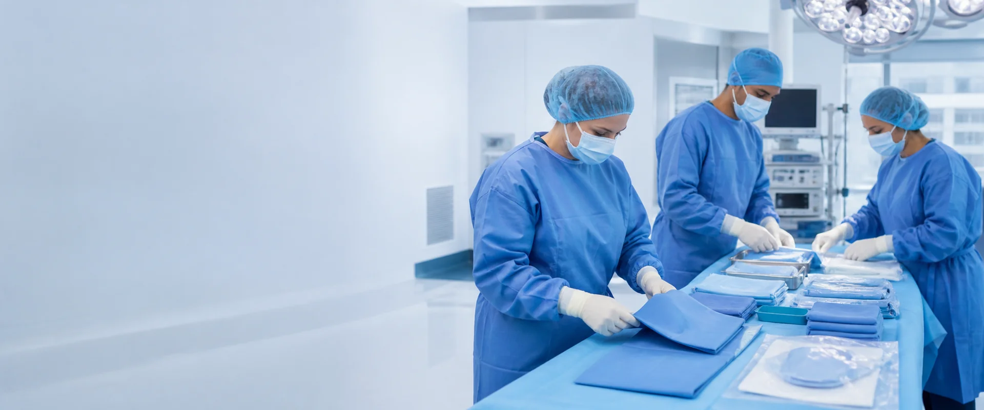 Surgical team preparing procedure packs in a modern operating room
