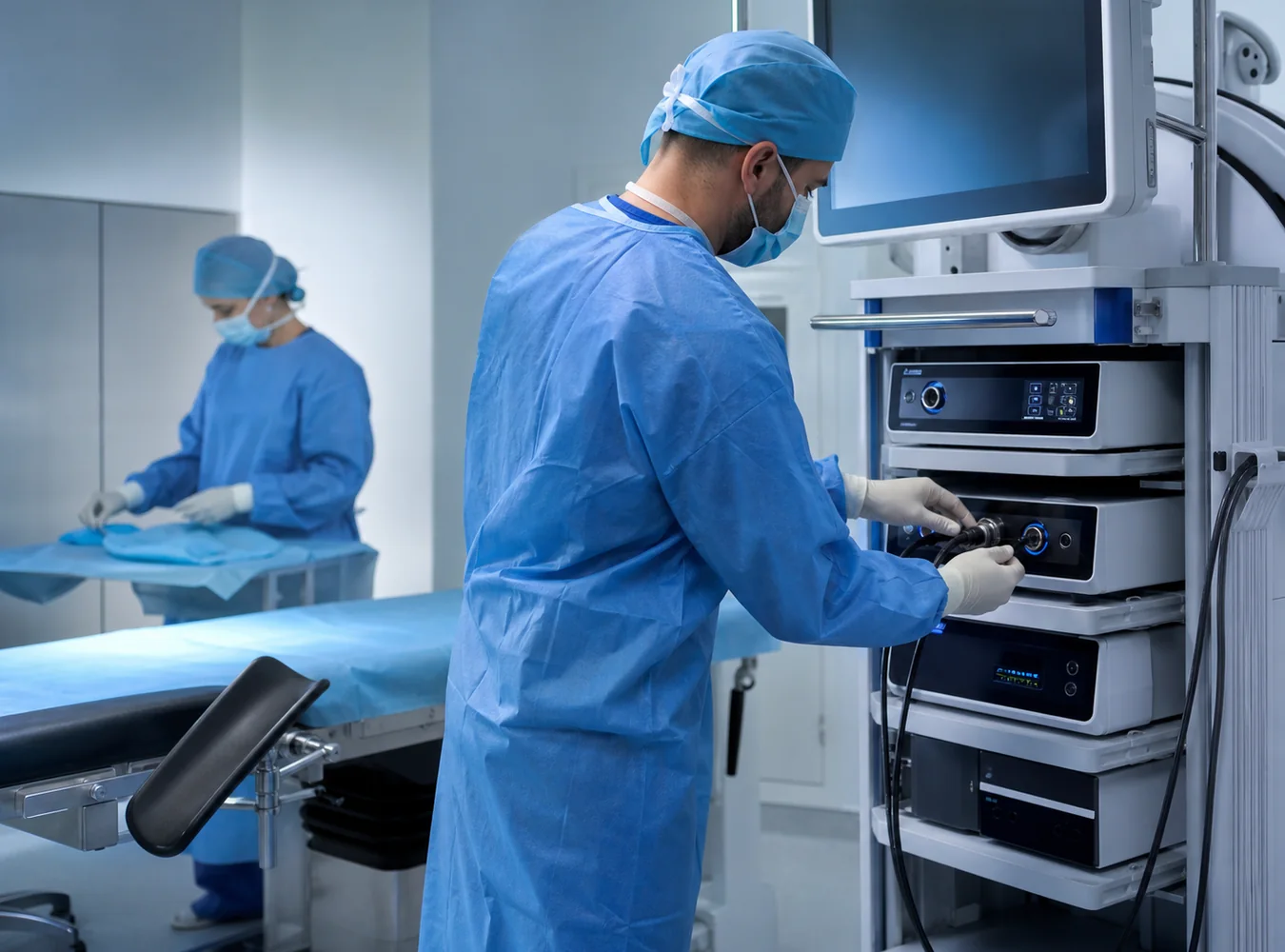 Urology team preparing an endoscopy tower and surgical equipment