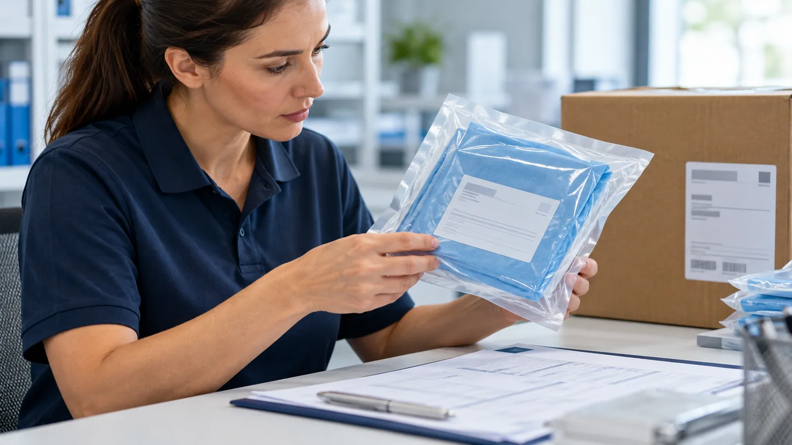 Revisora examinando el empaque intacto y etiqueta ilegible de un paquete azul junto a documentos de envío