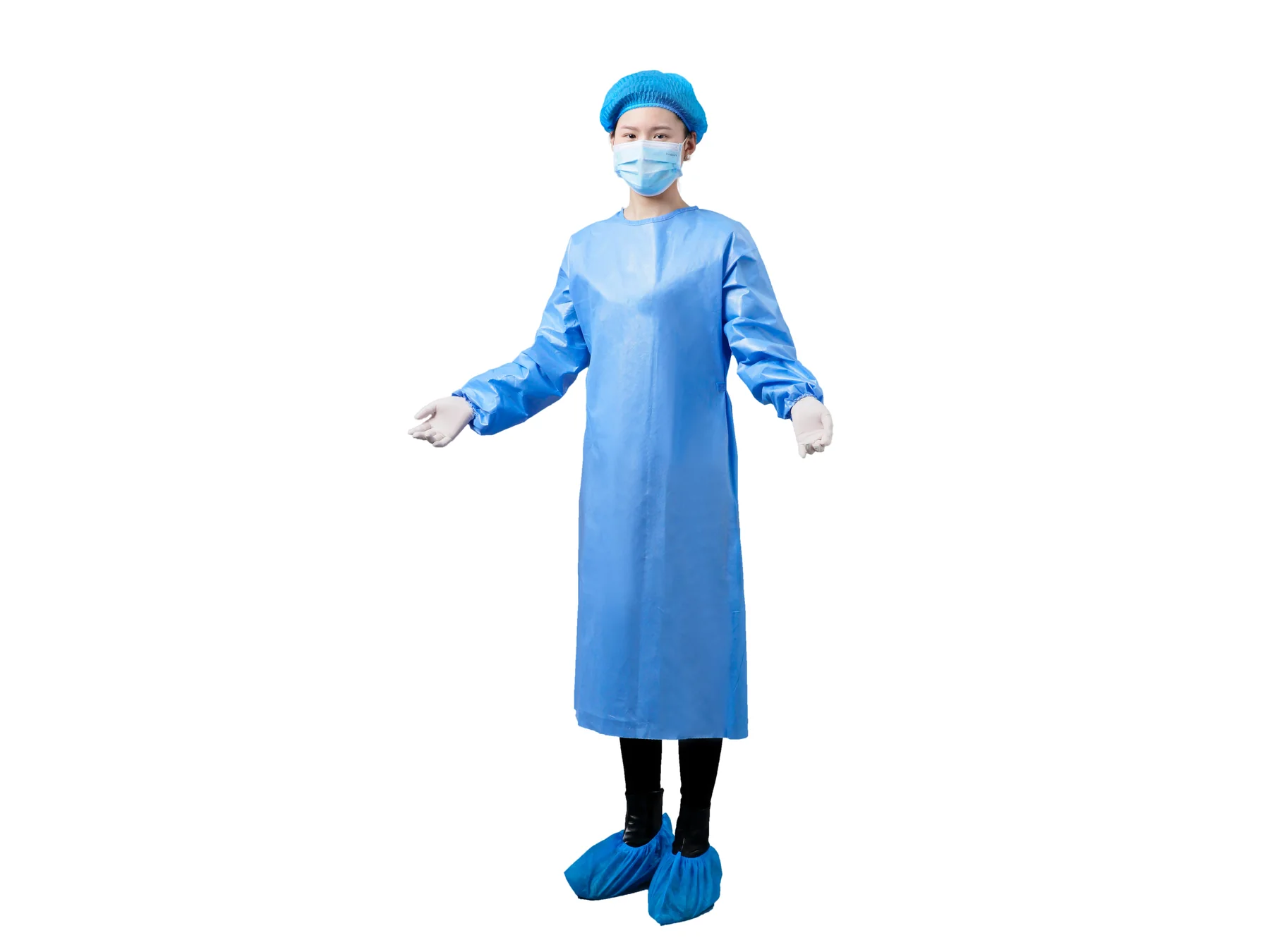 Real full-length standard surgical gown displayed for sizing review
